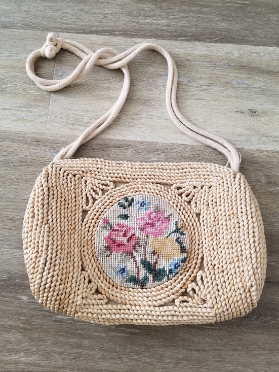 Vintage Handbags - Vintage Cross Stitch Embroidery Boho Straw Shoulder Bag Cottagecore